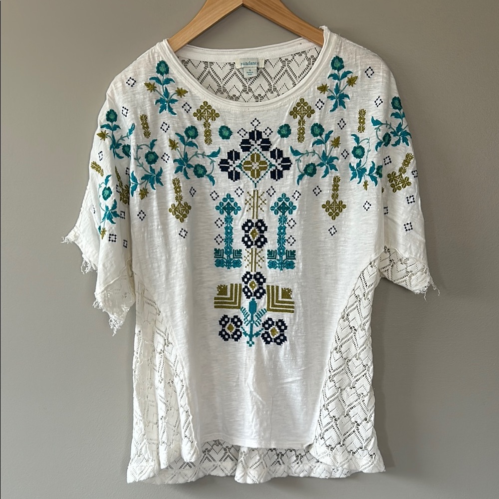 Sundance Serafina Embroidered Boho Short Sleeve Top Crochet Back Sz Small Cream